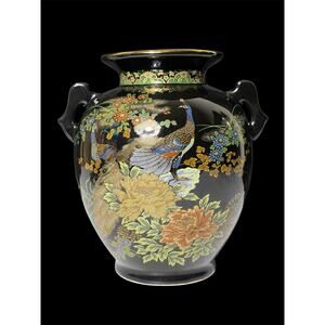 Shaddy Peacock Floral Design Black & Gold Accent Japanese Satsuma Style Vase VTG